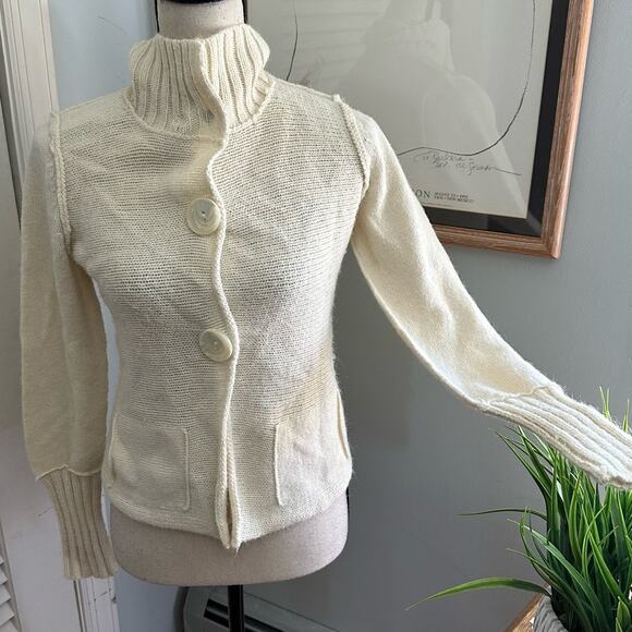 SUNDANCE Sweater Womens Small Cream Wool Blend Cardigan Split Neck Preppy Winter - Picture 1 of 12